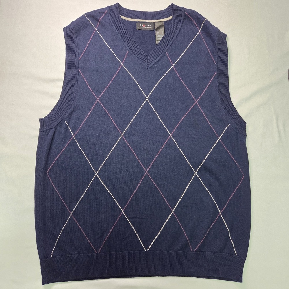 Axcess Men Sz L Navy Argyle Cotton Sweater Vest Heritage Timeless Classic Preppy